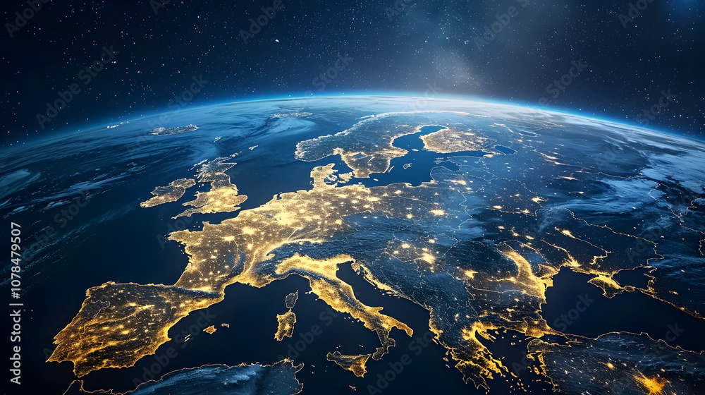 Fototapeta premium Satellite view of Earth globe from space, lights by night, Western Europe abstract digital map