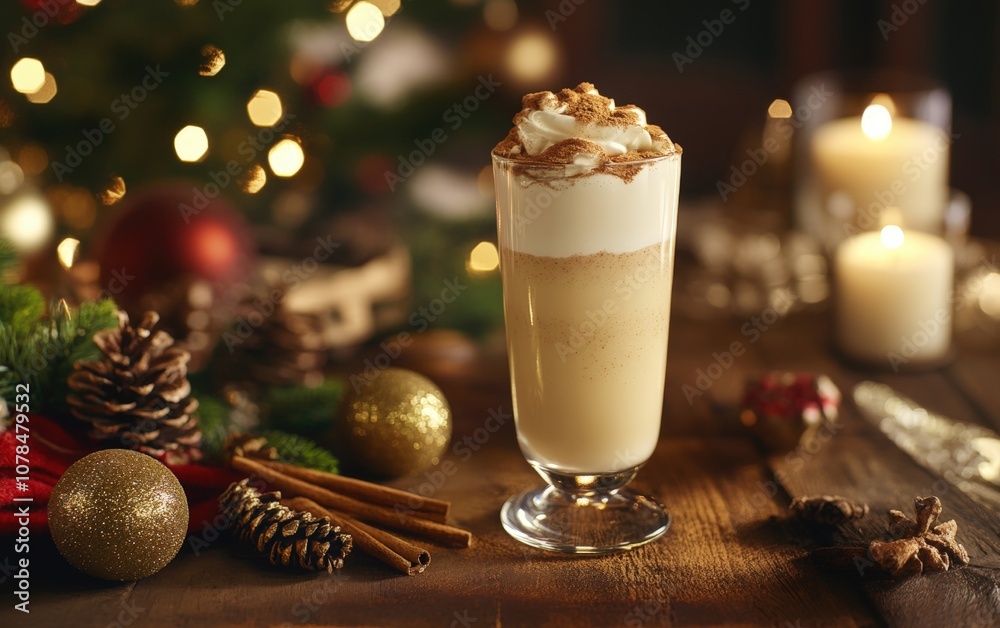 Eggnog with Cinnamon Dusting Glass of creamy eggnog garnished with a sprinkle of cinnamon or nutmeg, cozy holiday decor around, and a warm candlelit setting Eggnog with Cinnamon Dusting Glass of creamy eggnog garnished with a sprinkle of cinnamon or nutmeg, cozy holiday decor around, and a warm candlelit setting