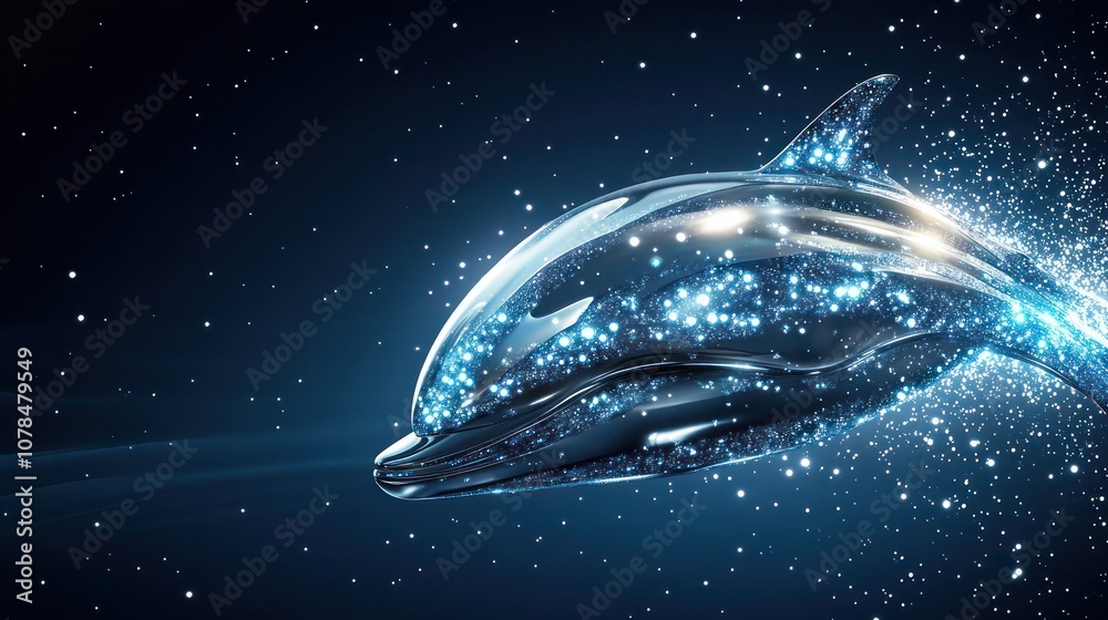 A stylized, chrome dolphin leaps through the air, sparkling with blue light against a dark blue background. A stylized, chrome dolphin leaps through the air, sparkling with blue light against a dark blue background.