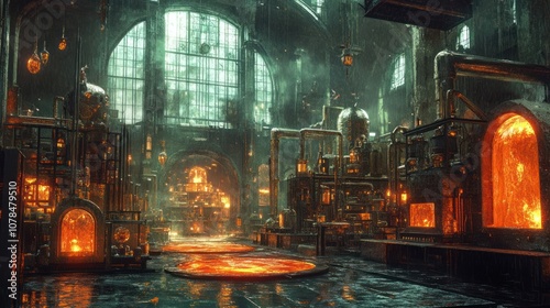 Fototapeta Naklejka Na Ścianę i Meble -  An industrial steampunk laboratory with glowing red lava in a large chamber with a large window, pipes, and metal structure.