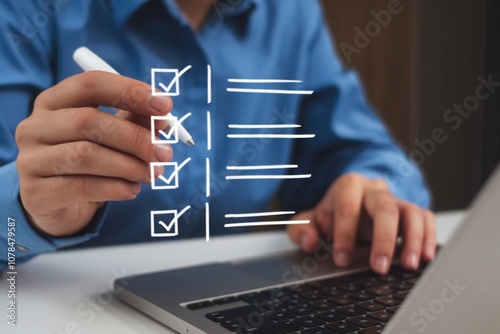 Businessman tick correct sign mark for document approve , project acceptance and quality assurance concept, Take an assessment, questionnaire, evaluation, online survey online exam. 