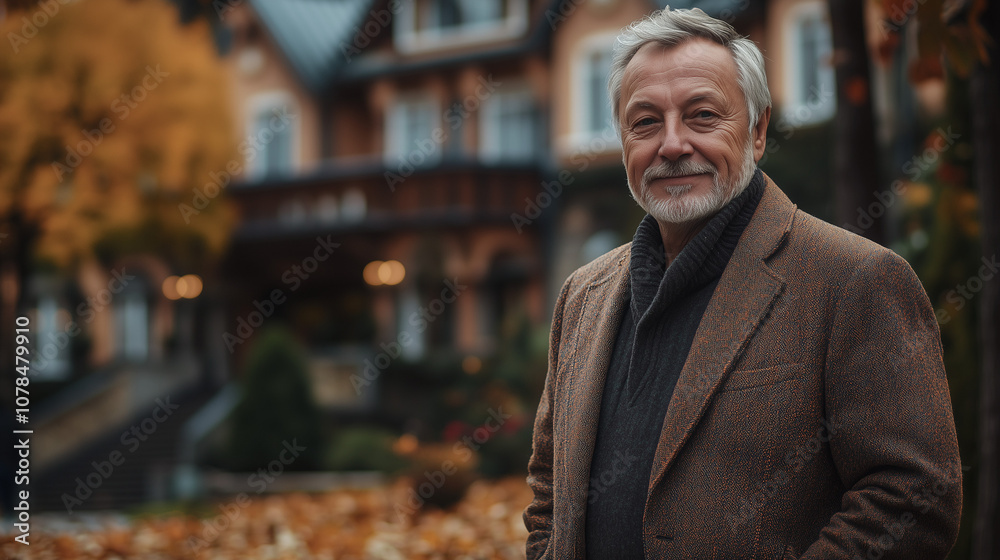 Fototapeta premium Close-up of a middle-aged gentleman wearing a winter coat and standing in front of a large house. 