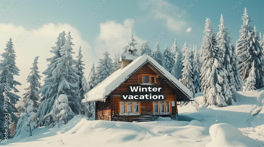 A cozy wooden cabin nestled in a winter wonderland, surrounded by snow-covered trees under a bright blue sky A cozy wooden cabin nestled in a winter wonderland, surrounded by snow-covered trees under a bright blue sky