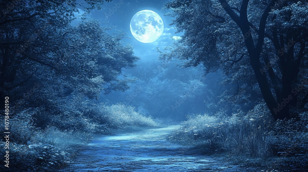 Naklejka premium A moonlit path winding through a mysterious forest, illuminated by the bright glow of the full moon.