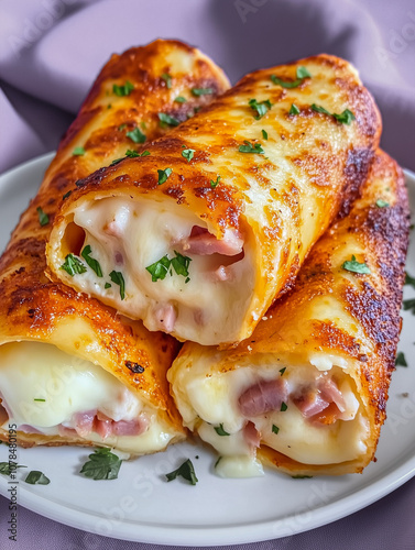 Three appetising tortilla rollitos stuffed with ham and cheese. photo