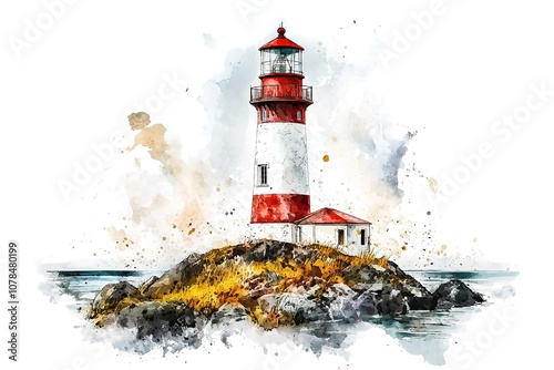 Watercolour sketch of a lighthouse at the seaside, seascape.
