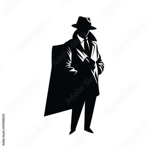 A man in a black coat and hat. He is wearing a tie. He is standing in front of a white background