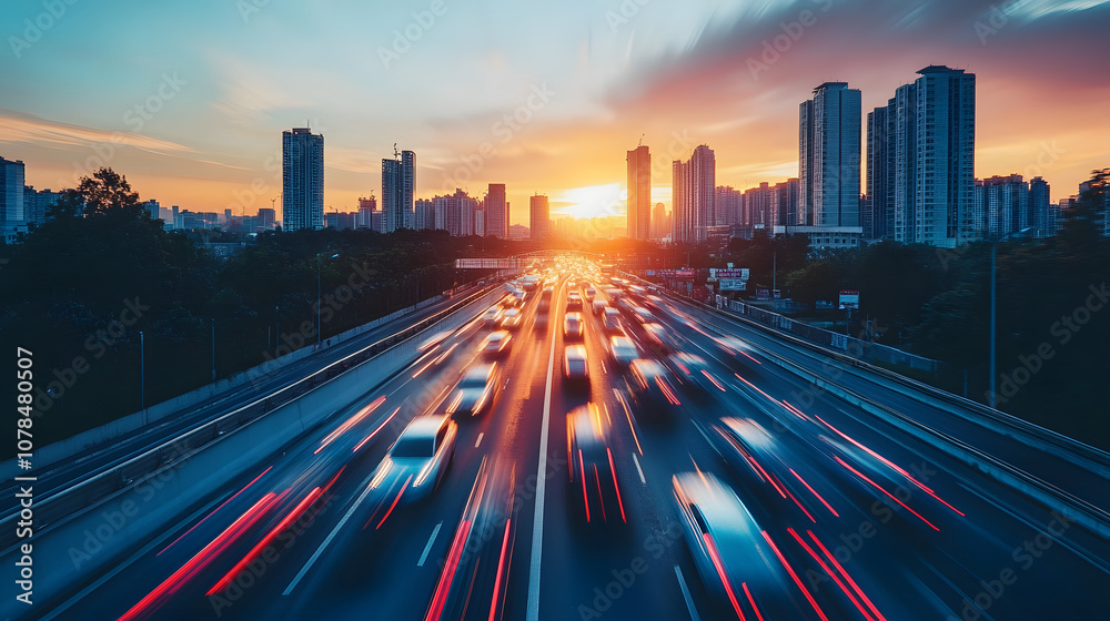 Obraz premium Speed road urban traffic, skyscrapers rush hour sunset, city skyline, cars motion long exposure blur