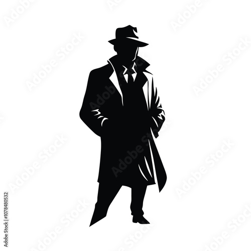 A man in a black coat and hat. He is wearing a tie. He is standing in front of a white background