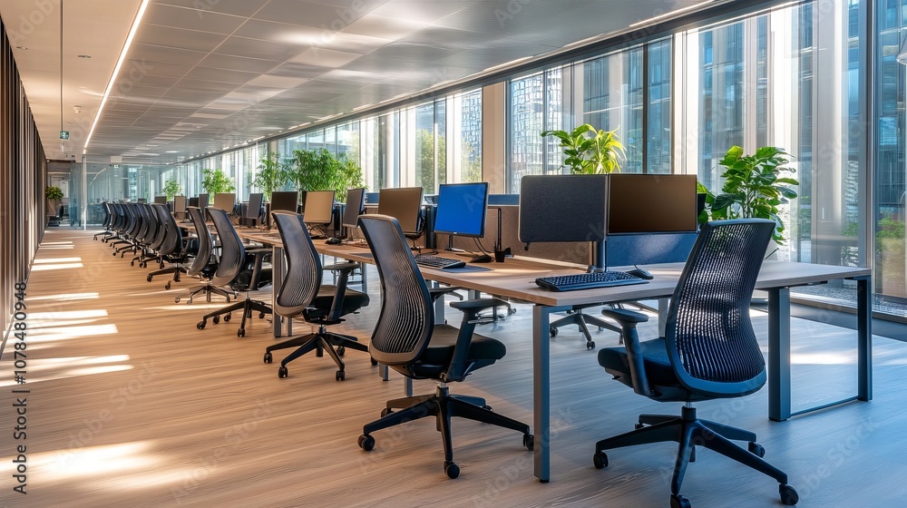 A modern open-plan office with a clean and organized layout. The workspace includes rows of individual desks, each equipped with computers and ergonomic office chairs. A modern open-plan office with a clean and organized layout. The workspace includes rows of individual desks, each equipped with computers and ergonomic office chairs.