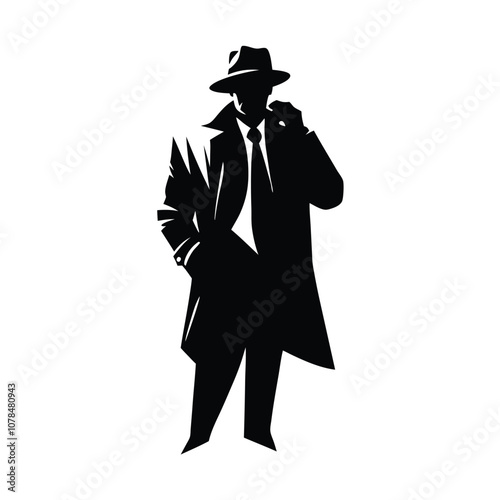 A man in a black coat and hat. He is wearing a tie. He is standing in front of a white background