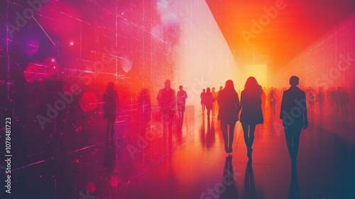 Silhouettes of people walking through a glowing corridor with a colorful light display.