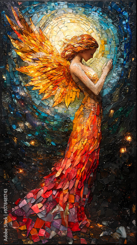 An angel in the night sky in a brightly colored mosaic