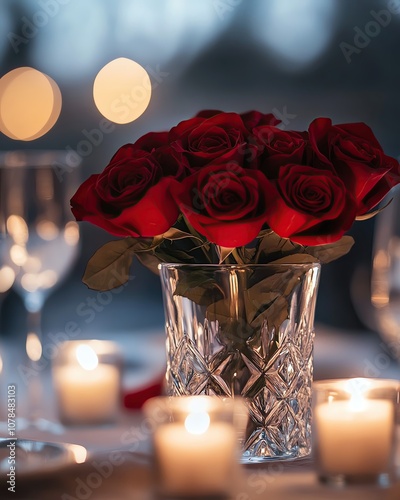 restaurant table decorated with red roses nd candles Elegant red roses in a crystal vase. photo