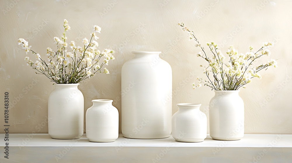Elegant white vases enhance home decor with fresh flowers for a minimalist aesthetic Elegant white vases enhance home decor with fresh flowers for a minimalist aesthetic