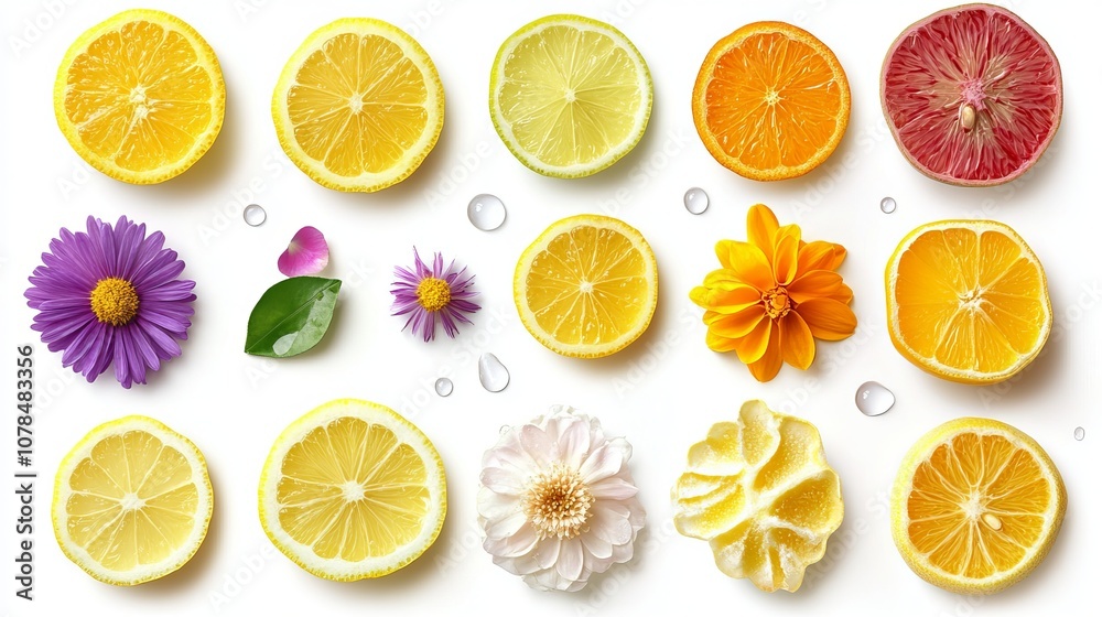 Lemon with water droplets, slices, and a collection of flowers isolated on a white background. Clipping path included. Lemon with water droplets, slices, and a collection of flowers isolated on a white background. Clipping path included.