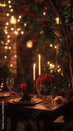 restaurant table decorated with red roses nd candles Romantic candlelit dinner with roses.
