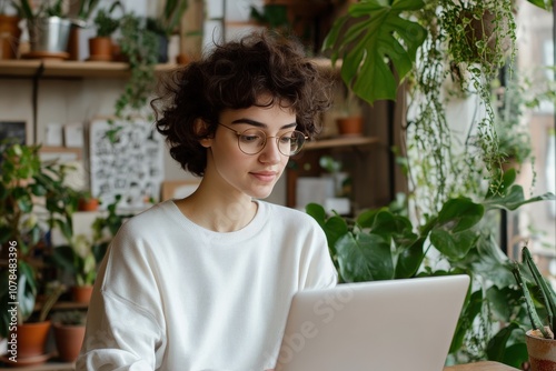 Young woman focused on her laptop, surrounded by lush indoor plants. Serene workspace.