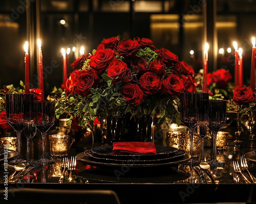 restaurant table decorated with red roses nd candles Elegant dinner table with red roses and candles.