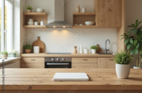 A bright kitchen features a wooden table with a minimalist white plate, surrounded by greenery and stylish decor.