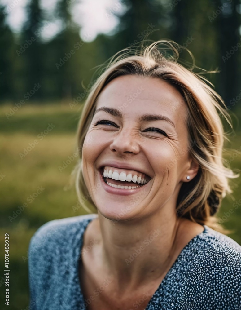 Portrait laughing Caucasian beautiful blond-haired middle-aged woman with straight flowing tousled hair and white teeth. Outdoors. Joy happiness. Positive emotion. European facial type. AI generated