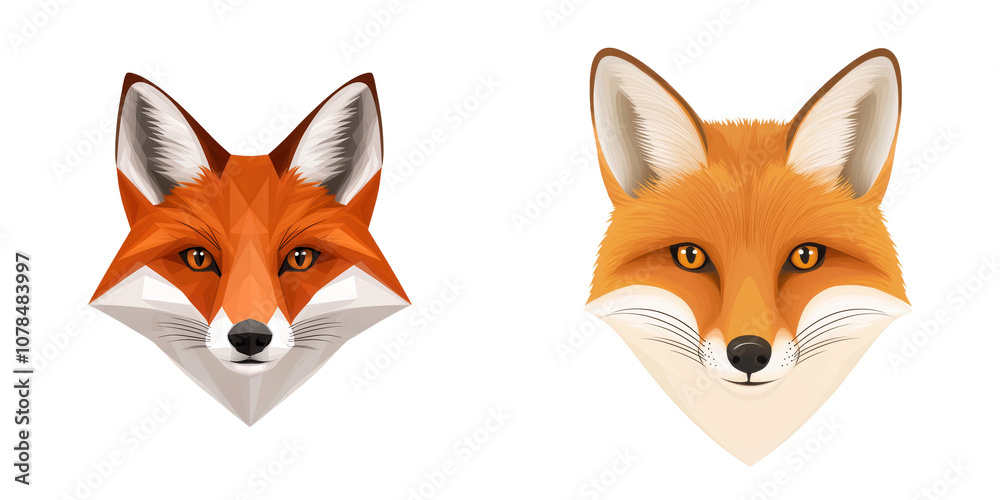 Two stylized fox heads showcasing distinctive orange fur, sharp ears, and expressive eyes, highlighting their unique facial features. Two stylized fox heads showcasing distinctive orange fur, sharp ears, and expressive eyes, highlighting their unique facial features.