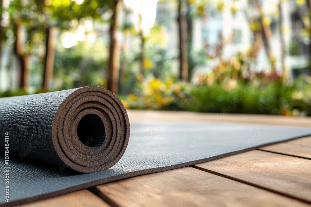 Tranquil Yoga: Rolled mat on wooden deck, serene park backdrop. Tranquil Yoga: Rolled mat on wooden deck, serene park backdrop.