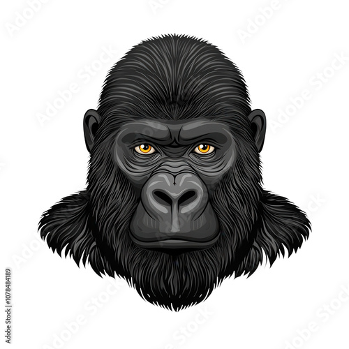 A detailed illustration of a gorilla's face, showcasing expressive eyes and a prominent facial structure. photo