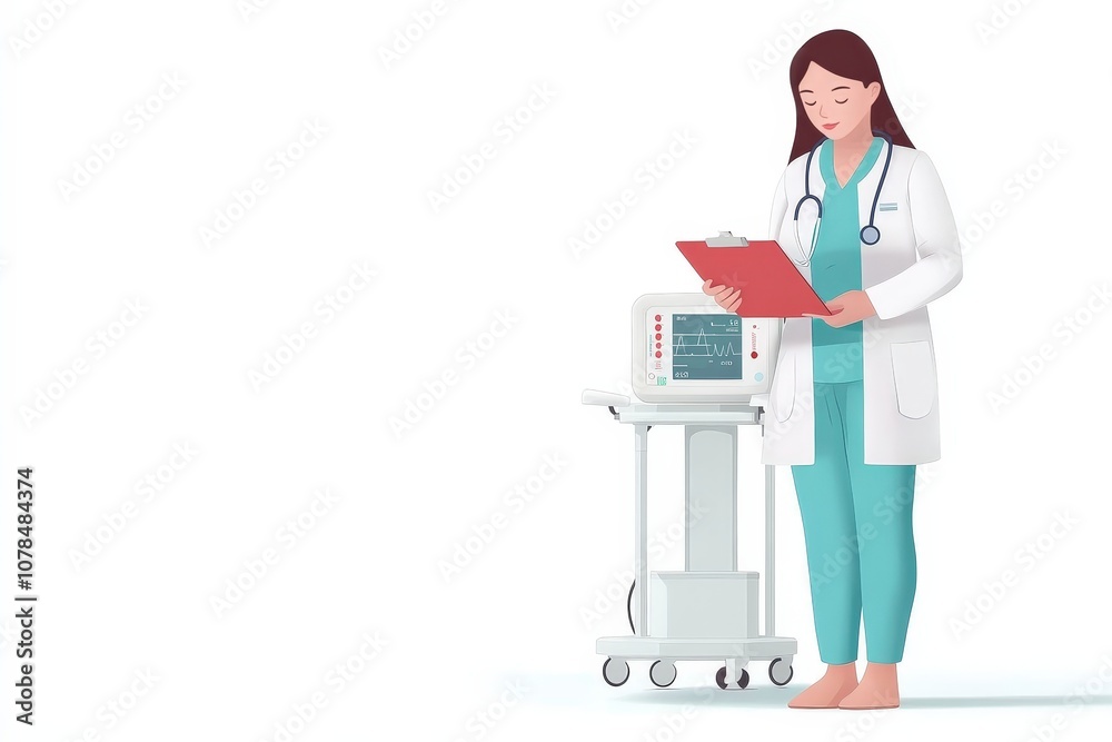 Focused Doctor Reviews Medical Data; Chart and Monitor Display Vital Signs. Focused Doctor Reviews Medical Data; Chart and Monitor Display Vital Signs.