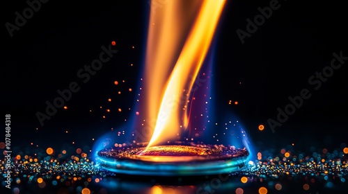 A vivid fire flame with sparks dancing against a dark black background, creating a dramatic and intense visual contrast. photo