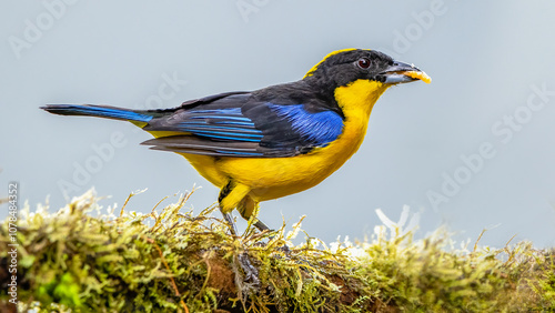 Obraz na płótnie Blue-winged Mountain-tanager, Anisognathus somptuosus, Santa Marta, Colombia. Yellow, black and blue bird, sitting on the branch with clear green w salonie