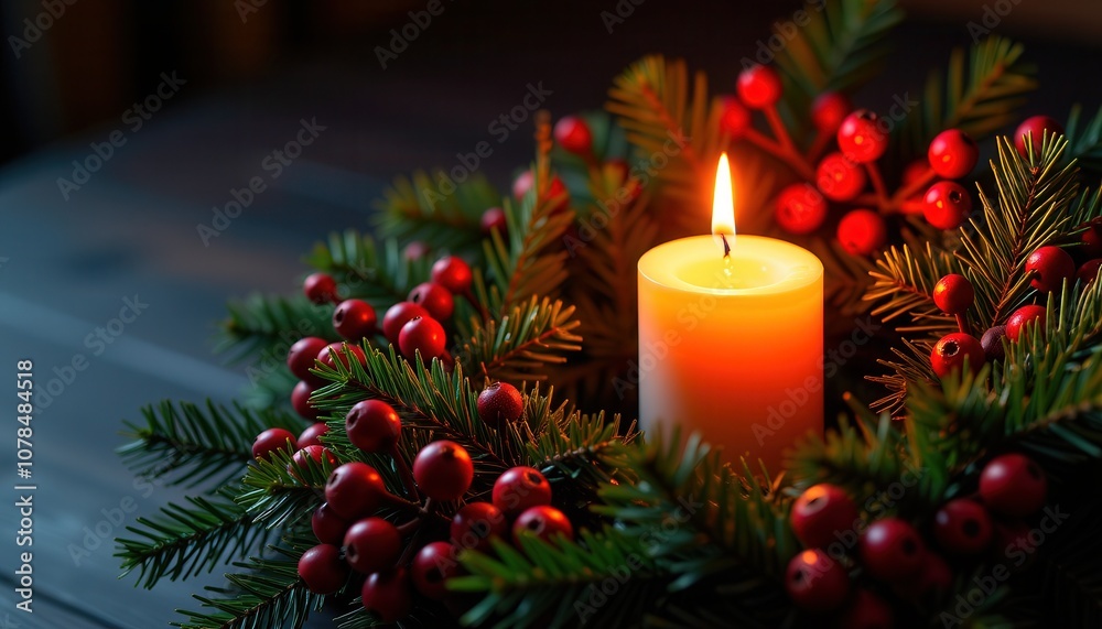 Close up of Christmas wreath with candlelight and copy space Close up of Christmas wreath with candlelight and copy space