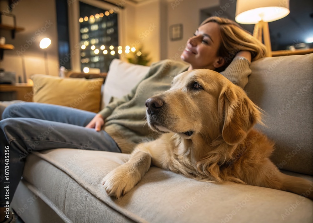 Cozy Golden Retriever on Sofa with Gentle Touch, Exuding Comfort and Thoughtfulness in a Relaxed Urban Home Setting, Perfect for Pet Lovers and Animal Enthusiasts Cozy Golden Retriever on Sofa with Gentle Touch, Exuding Comfort and Thoughtfulness in a Relaxed Urban Home Setting, Perfect for Pet Lovers and Animal Enthusiasts