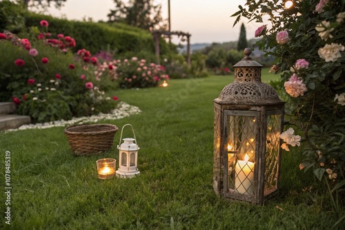 Cozy Evening Garden Scene with Vintage Lantern and Candle Holder Surrounded by Lush Lawn and Colorful Flowers, Perfect for Romantic Outdoor Gatherings and Relaxation