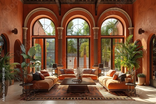 Mediterranean Villa Living Room with terracotta accents, wrought iron details, arched doorways, and rich, warm colors. Mediterranean home decor.