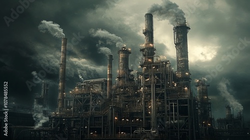 Industrial Oil Refinery with Smoky Chimneys Under Dark Grey Skies Depicts Pollution and Industry Impact