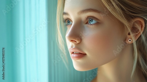 Close-up portrait of a young woman with blue eyes looking out the window.