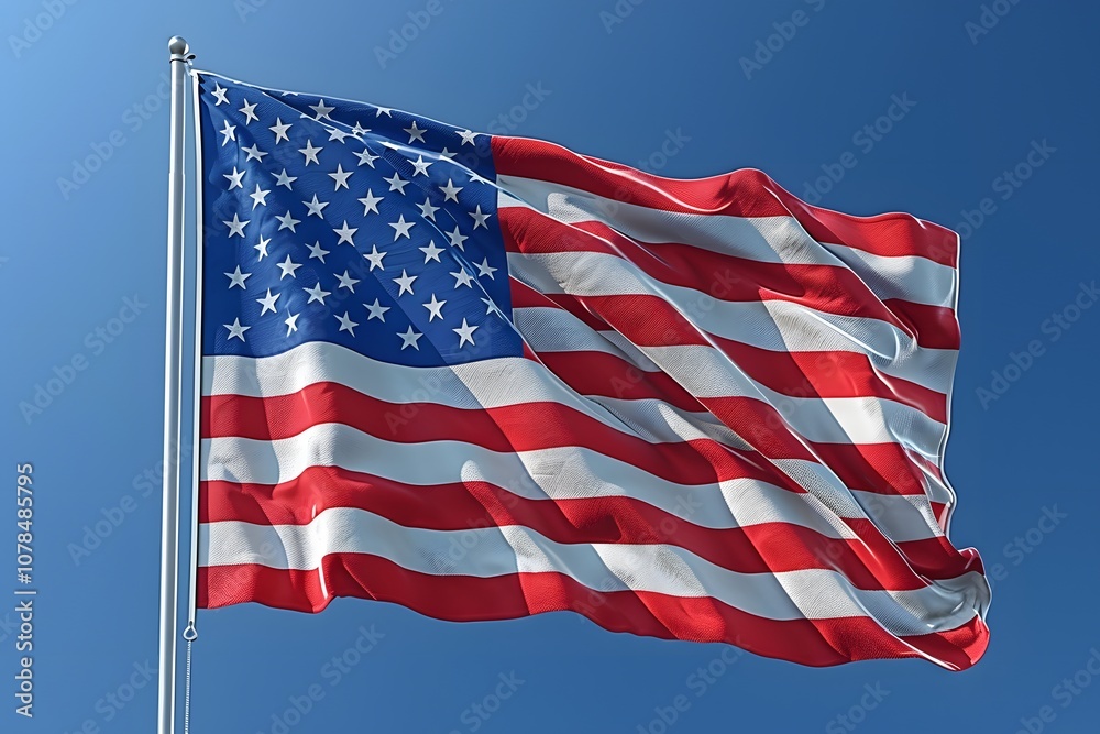 Fototapeta premium Vibrant American Flag Waving Against Clear Blue Sky - Patriotic Symbol for Celebrations and Design