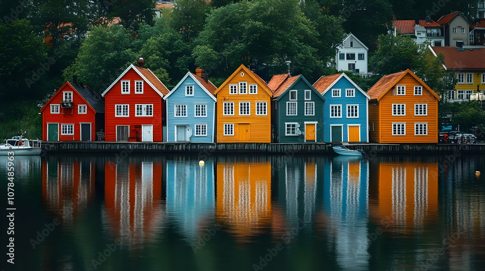 Fototapeta premium Colorful Houses Reflecting in Water - Photo