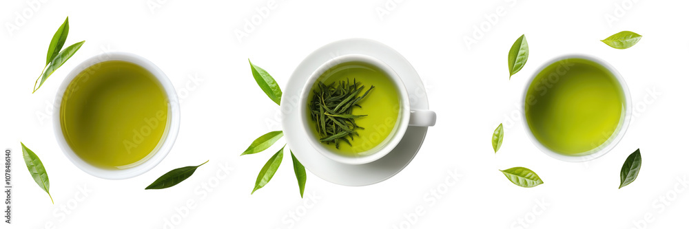 custom made wallpaper toronto digitalThree cups of vibrant green tea surrounded by fresh leaves, showcasing the beverage's rich color and natural elements.