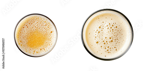 Two glasses of beer, one with a golden hue and light foam, the other with a creamy head and deeper color. photo