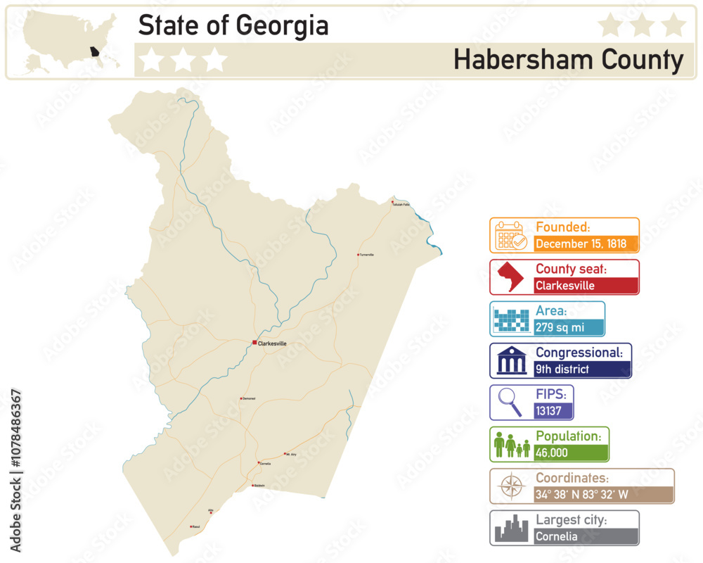 Obraz premium Detailed infographic and map of Habersham County in Georgia USA.