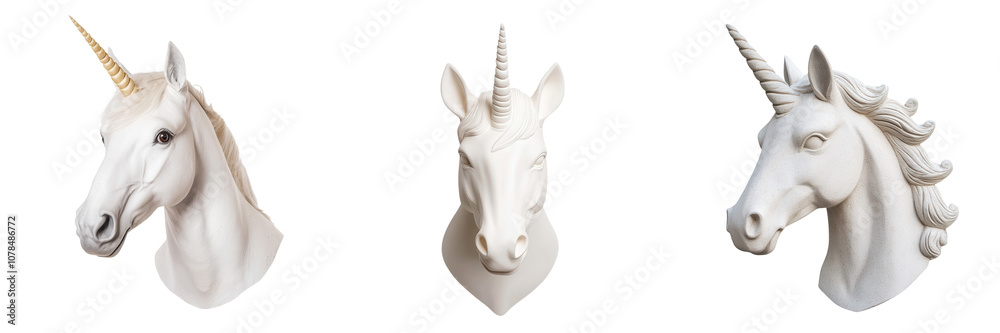 Fototapeta premium Three decorative unicorn head sculptures displayed from different angles, showcasing intricate details and unique horn designs.