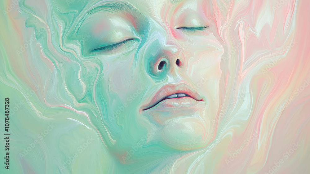 abstract oil painting-style portrait of a person, with the face melting into the background, featuring soft brushstrokes of light green, pink, and lavender, evoking a sense of calm and introspection,