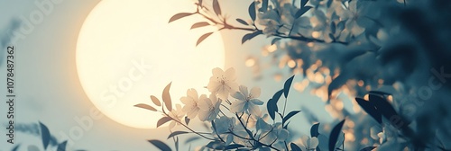 A Dreamy Close-Up of Osmanthus Flowers Dancing in the Wind Under a Night Sky with a Full Moon. This 3D Render Captures a Warm Mid-Autumn Atmosphere, Featuring Natural Dreamy Beauty, High-End Compositi