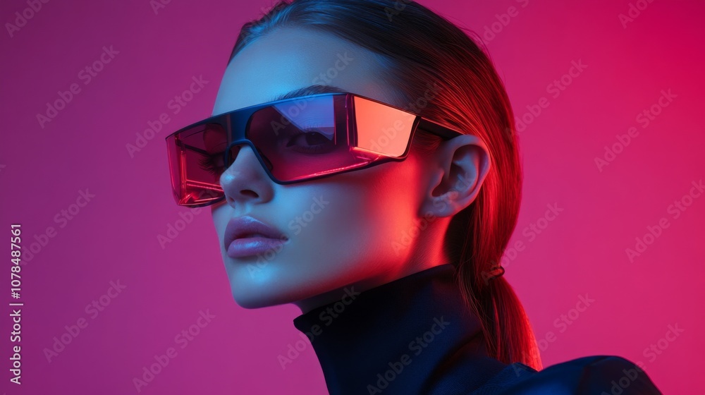 Fashionable woman with sunglasses in neon red and blue lighting