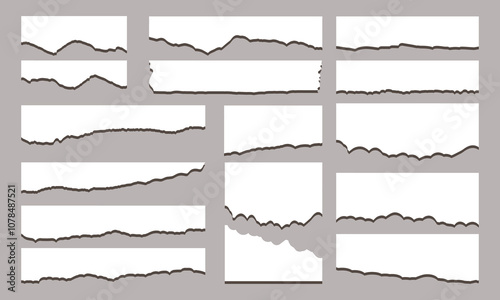 Torn paper strips set. Ripped paper strip collection with grunge edges. Torn notebook page or scrap note with damaged border. Sticky newspaper clip art. Vector illustration