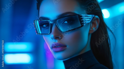 Stylish woman in blue and yellow reflective sunglasses