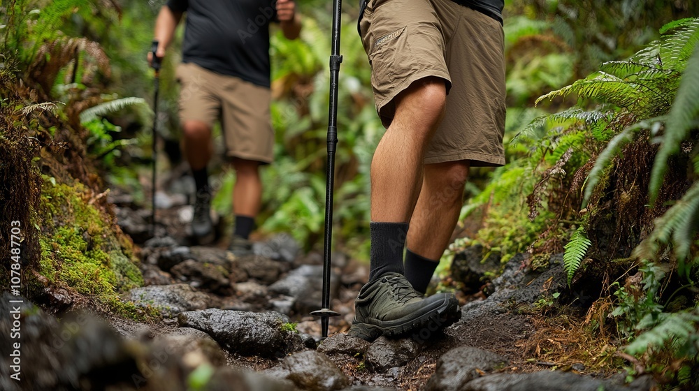 Adventurous Group Hiking on Rugged Rocky Trail in Picturesque Green Wilderness Adventurous Group Hiking on Rugged Rocky Trail in Picturesque Green Wilderness
