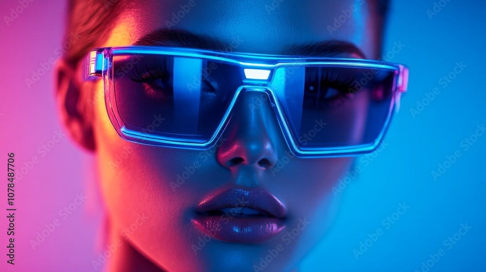 Stylish woman with oversized sunglasses in neon theme Stylish woman with oversized sunglasses in neon theme